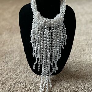 White Beaded Cascade Necklace with Fringe
